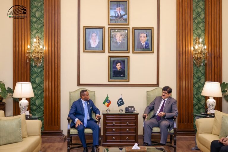 CM Sindh with Ethiopian Ambassador discussing Pakistan-Africa relations and Ethiopian Airlines role.