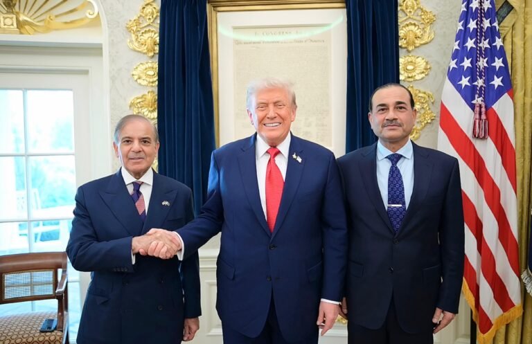 Prime Minister Shehbaz Sharif and Field Marshal Asim Munir meeting President Donald Trump at the White House Oval Office during Pakistan-U.S. Strategic Meeting