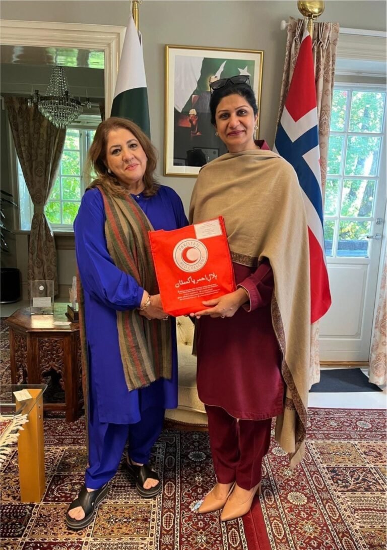 PRCS Chairperson meeting Pakistan’s Ambassador to Norway discussing diaspora support for flood relief