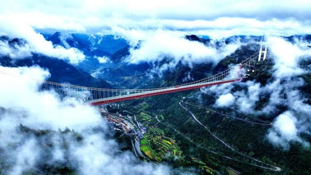 A panoramic view of a modern Chinese bridge symbolizing innovation, connectivity, and national development.