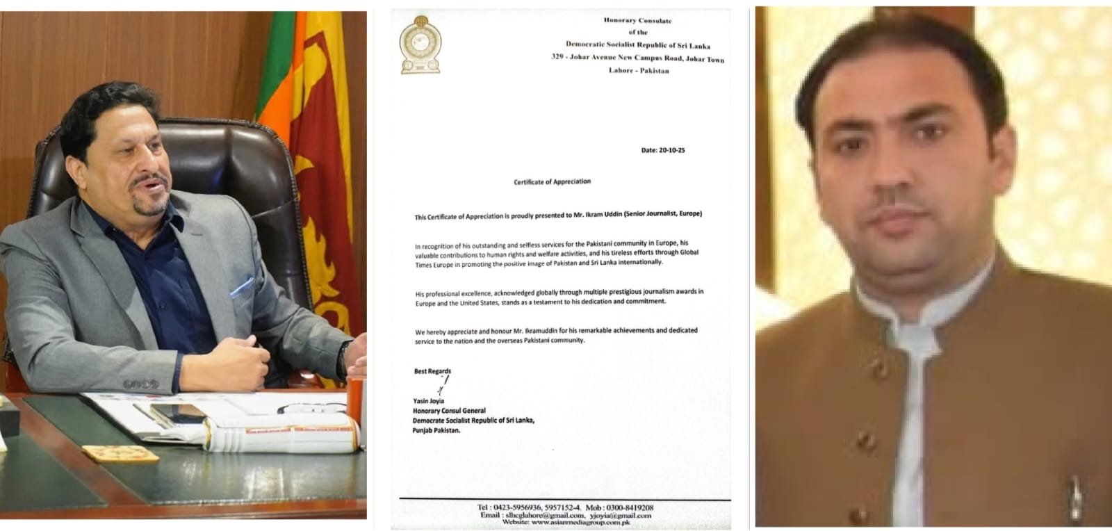 Ikramuddin receives a certificate of appreciation from the Sri Lankan Consulate