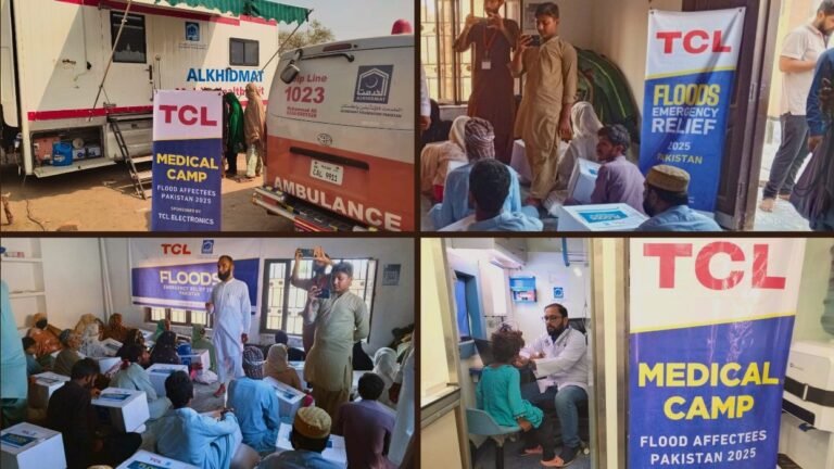 TCL and Alkhidmat Foundation team providing medical aid to flood victims in Jalalpur Pirwala