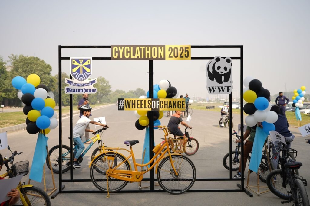 Cyclathon 2025 participants cycling through Lahore to promote climate action and sustainable transport