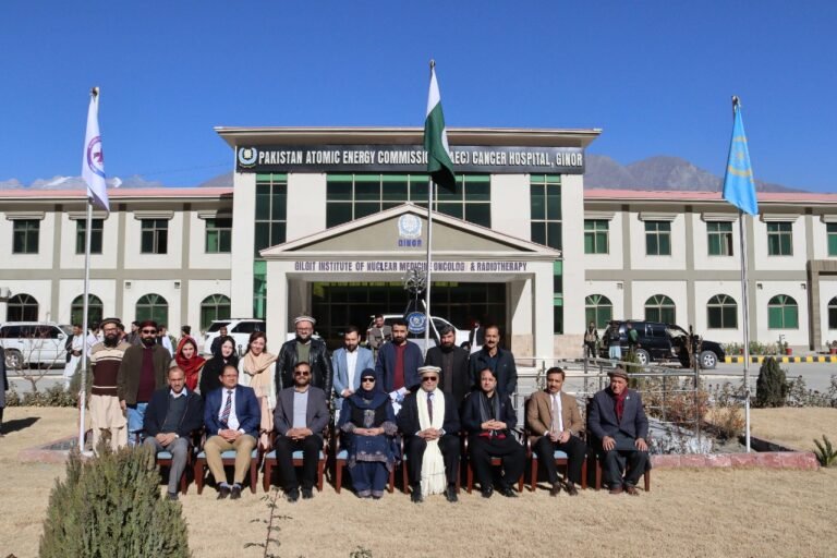 Ahsan Iqbal inaugurates PCR machine during official visit to GINOR Cancer Hospital in Gilgit.