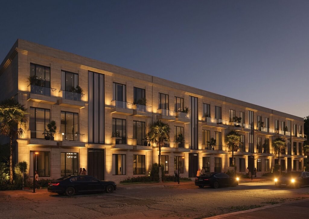 Exterior view of 19 Pine Avenue Townhouses in Lahore showcasing modern architecture and serene surroundings