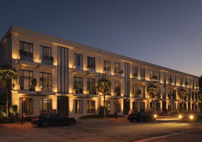 Exterior view of 19 Pine Avenue Townhouses in Lahore showcasing modern architecture and serene surroundings