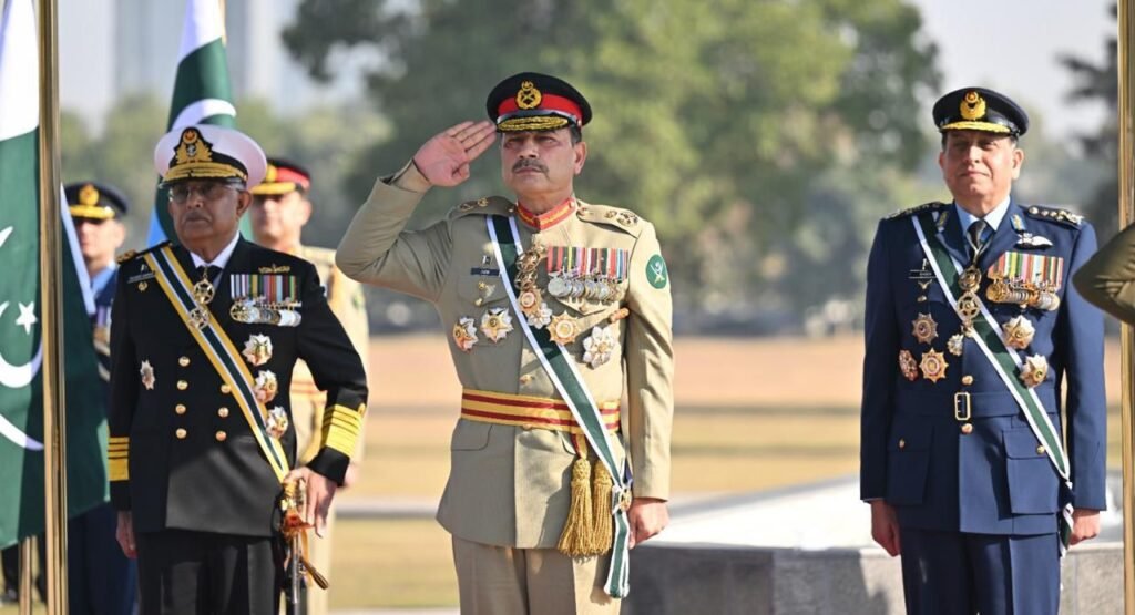 Chief of Defence Forces Asim Munir receives tri-services guard of honour at GHQ Rawalpindi.