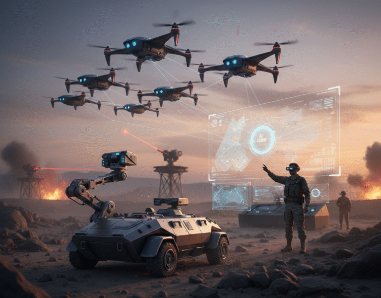 Artificial Intelligence (AI) used in modern military systems for surveillance, decision-making, and defense operations