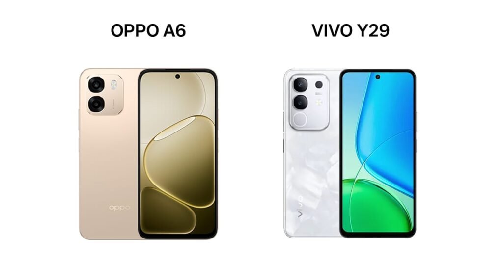 OPPO A6 vs Vivo Y29 — Which One Gives Better Value for Money? OPPO A6 placed beside Vivo Y29 during a mid-range smartphone comparison in Pakistan.