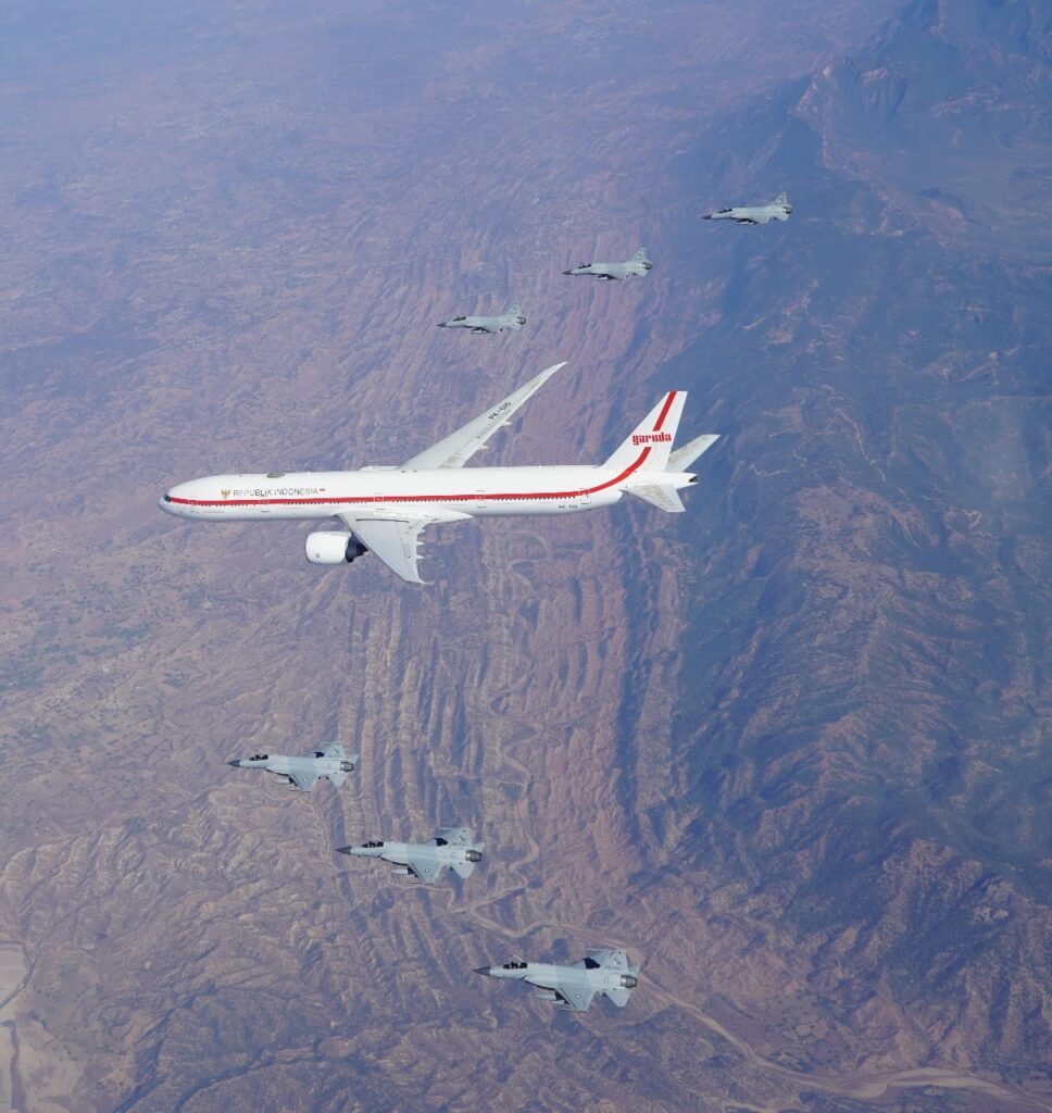PAF fighter jets provide air escort to Indonesian president as he enters Pakistani airspace PAF FIGHTER AIRCRAFT EXTEND AERIAL WELCOME TO INDONESIAN PRESIDENT H.E PRABOWO SUBIANTO