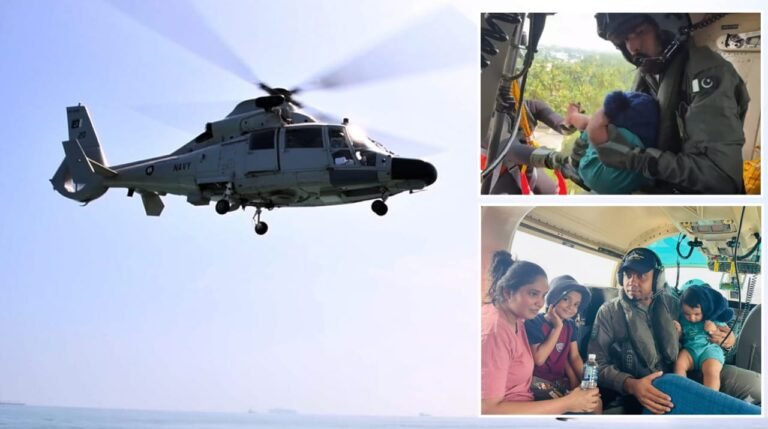 Pakistan Navy helicopter evacuating a stranded family during flood relief operations in Sri Lanka.