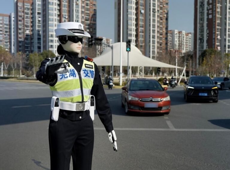 An AI-powered RoboCop directs traffic at a busy intersection in Wuhu, China.
