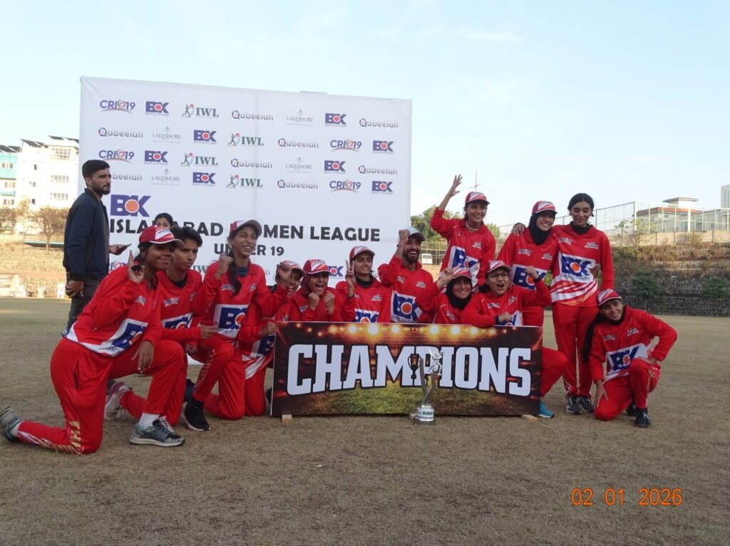 Thunder players celebrate winning the BoK Islamabad Women League U-19 final in Islamabad.