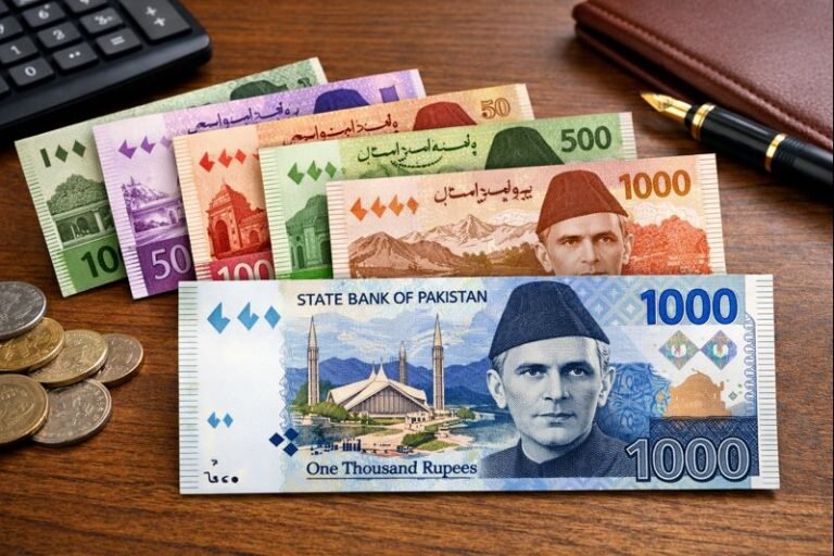 Illustration of redesigned Pakistani currency notes as the government updates banknotes with enhanced security features.