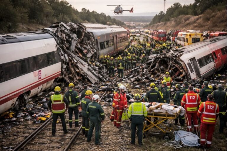 Emergency responders work at the site of a high-speed train collision near Adamuz in Spain’s Córdoba province