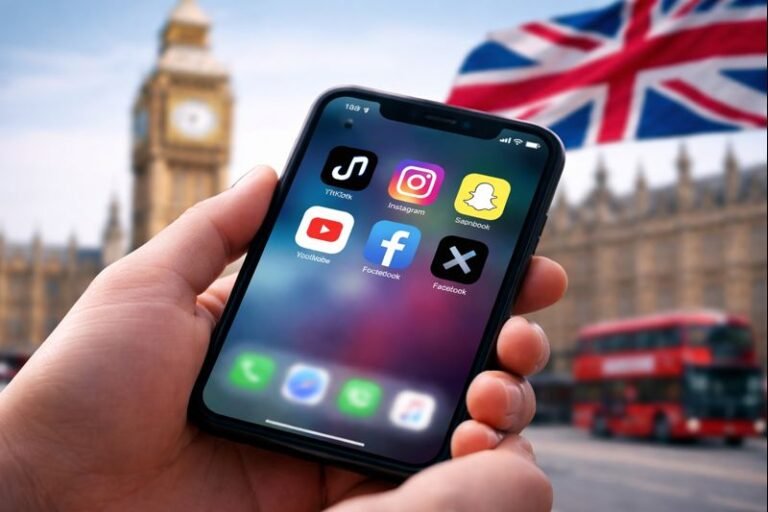 Smartphone displaying social media apps during UK debate on online safety for children