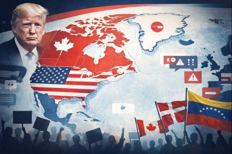 Digitally altered map showing Canada, Greenland, and Venezuela depicted as U.S. territory