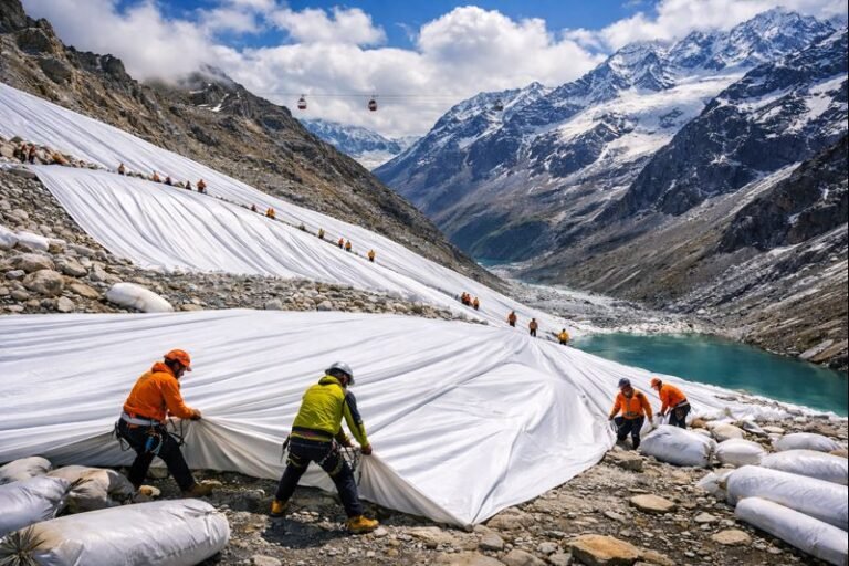 White geotextile blankets covering part of a Chinese glacier to reduce melting during warmer months