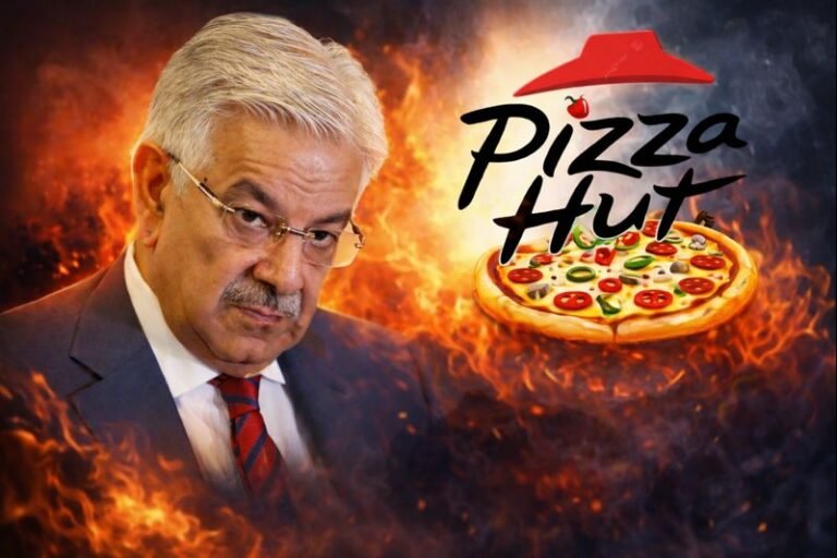 Defence Minister Khawaja Asif inaugurates unauthorized Pizza Hut outlet in Sialkot Cantonment.