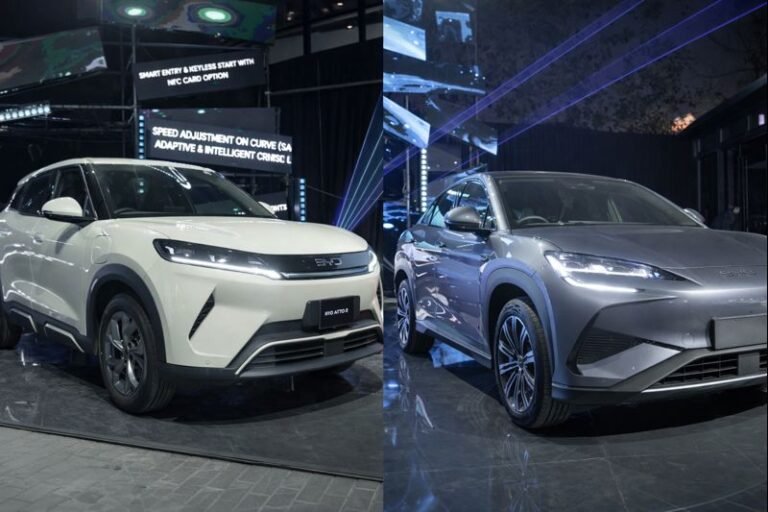 BYD Sealion 7 and Atto 2 electric SUVs showcased at a dealership in Pakistan as demand for cleaner transport grows