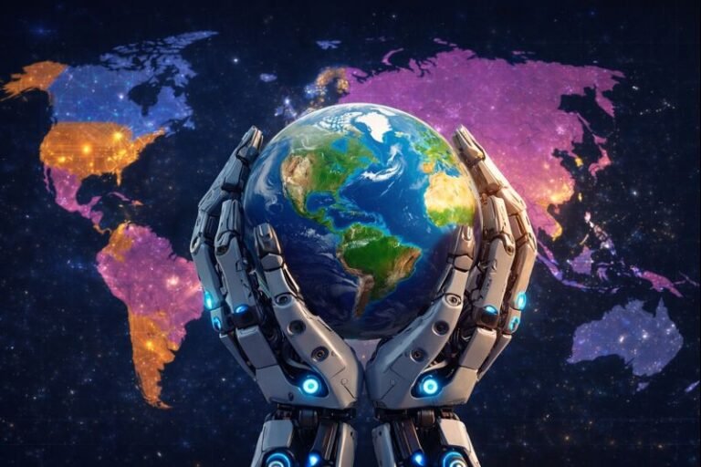 A world map showing global AI adoption rates in 2025, with high usage in the UAE and Singapore and lower adoption in Pakistan