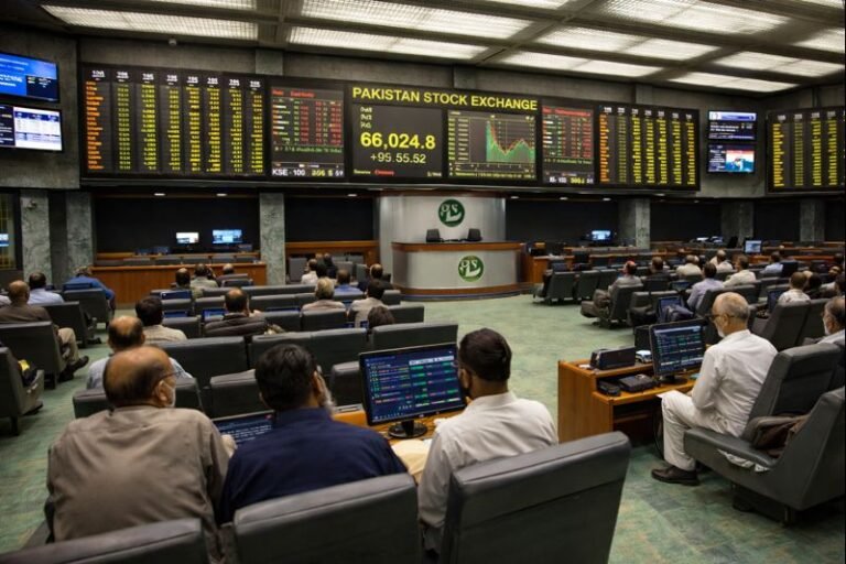 Pakistan Stock Exchange trading floor as the KSE-100 Index reaches a record high on investor optimism