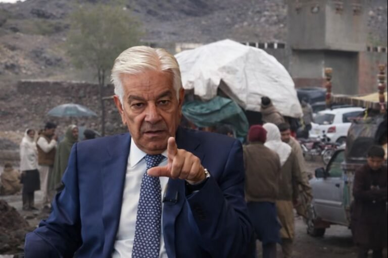 Khawaja Asif addresses a press conference, denying reports of a military operation in Tirah Valley
