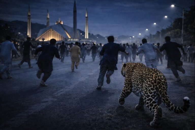 Police and wildlife officials search an Islamabad area after a leopard attack injured residents.
