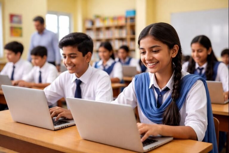 Students using laptops in a classroom as Punjab expands free laptop distribution to private schools.