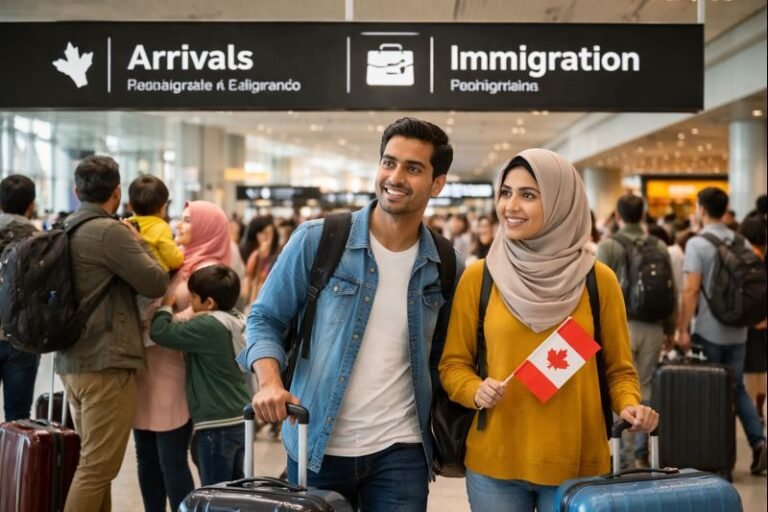 Immigrants and travellers arrive at a Canadian airport amid changes to immigration policy in 2026.
