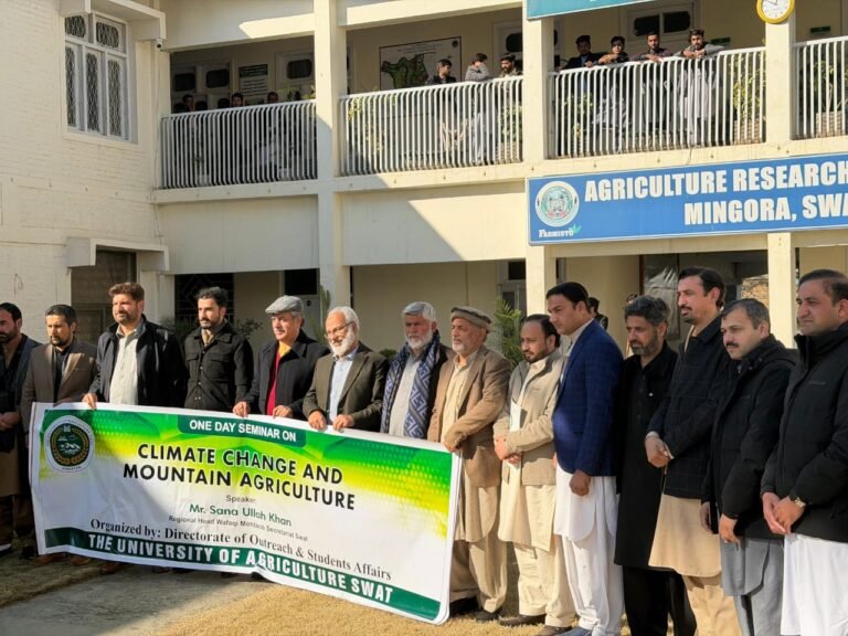 Faculty and students attend a seminar at University of Agriculture Swat on climate change and mountain agriculture.
