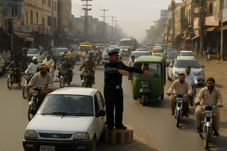 A busy intersection in Dera Ismail Khan without traffic signals, showing congestion and manual traffic control.