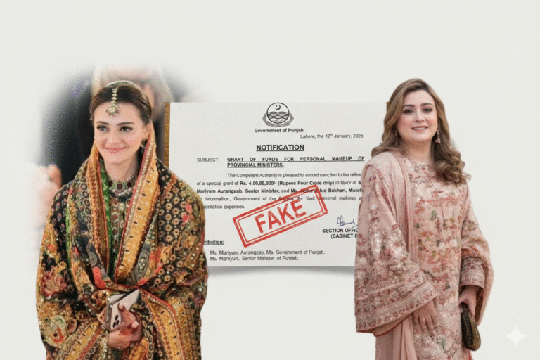 A fake notification claiming makeup funds for Maryam Aurangzeb, marked “FAKE,” linked to Junaid Safdar’s 2026 wedding.