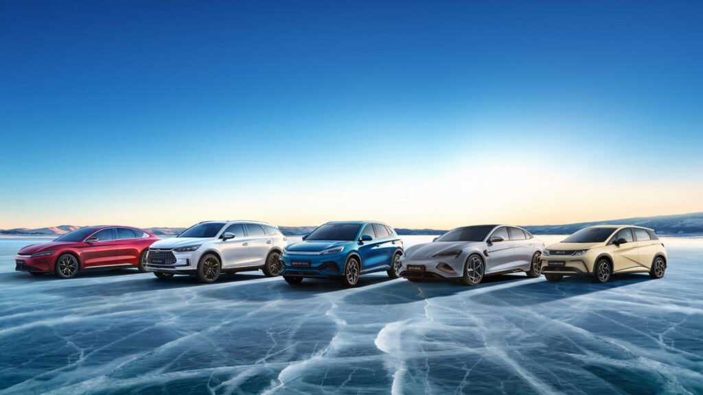 BYD electric vehicles displayed as the company leads global new energy vehicle sales in 2025.
