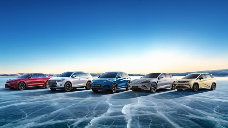 BYD electric vehicles displayed as the company leads global new energy vehicle sales in 2025.