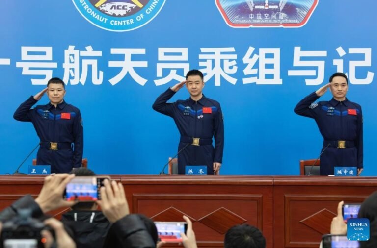 Shenzhou-20 astronauts meet the press in Beijing after their safe return to Earth.