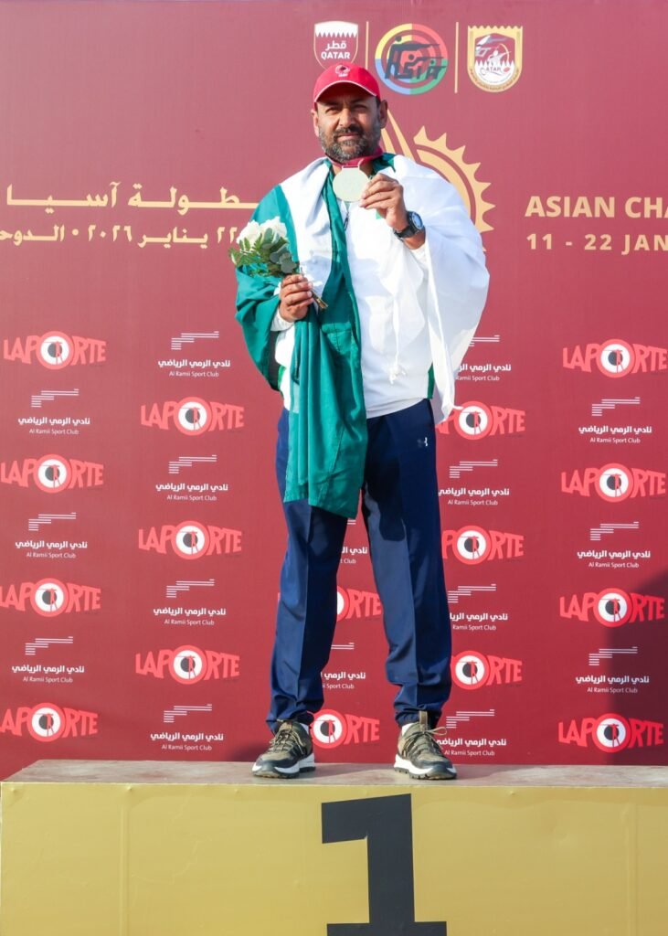 Lt Col Farrukh Nadeem celebrates after winning Pakistan’s first gold medal in Asian Shotgun Championship.