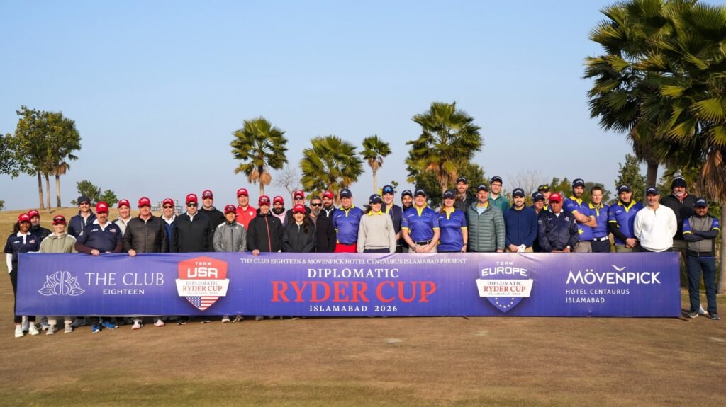 Diplomats participate in the Diplomatic Ryder Cup Islamabad 2026 at Eighteen Golf Course, highlighting golf diplomacy in Pakistan.