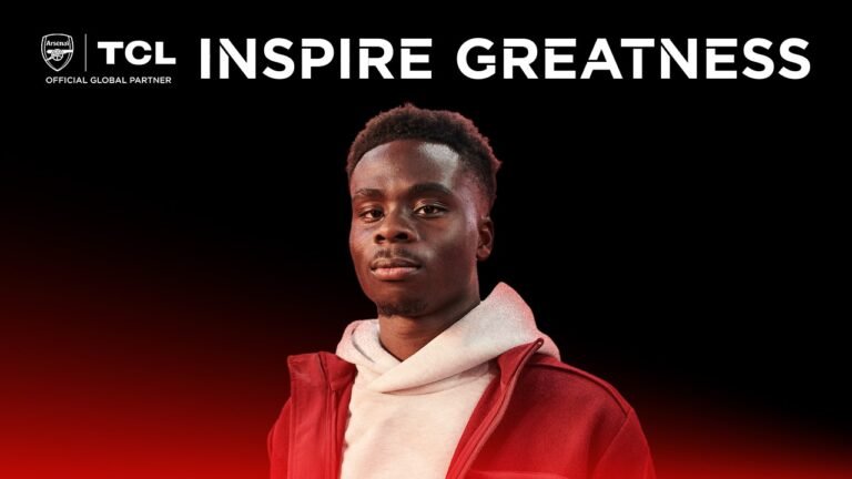 Bukayo Saka appears in a TCL campaign image as brand ambassador under the company’s global partnership with Arsenal.