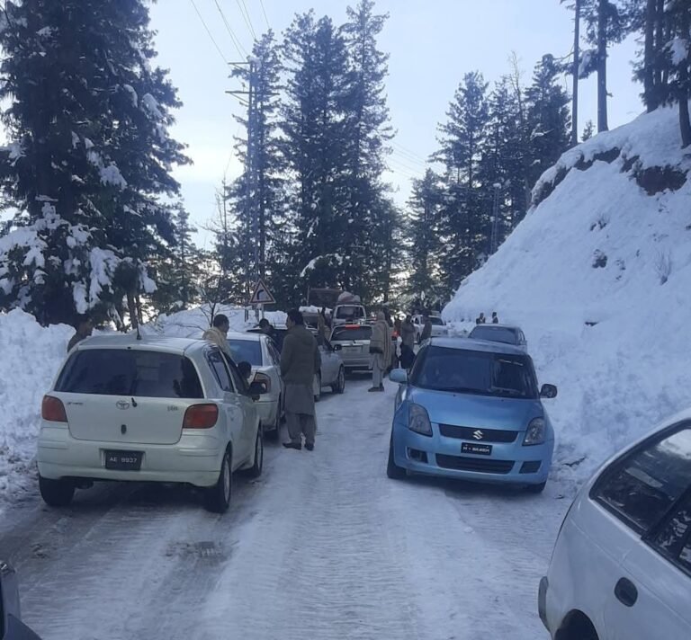 Civil Defence volunteers clear snow and rescue stranded vehicles after heavy snowfall in Shangla district.