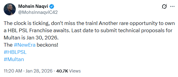 PCB sets Jan 30 deadline for Multan Sultans franchise proposals