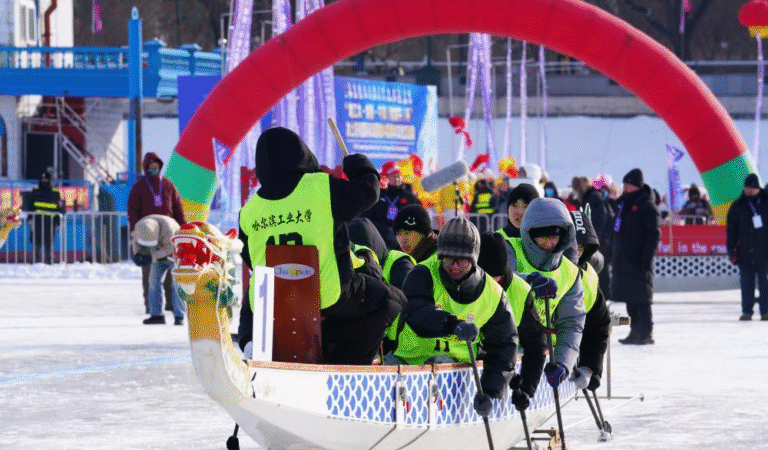 Students from Chinese and British universities compete in an ice dragon boat race on Harbin’s frozen Songhua River.