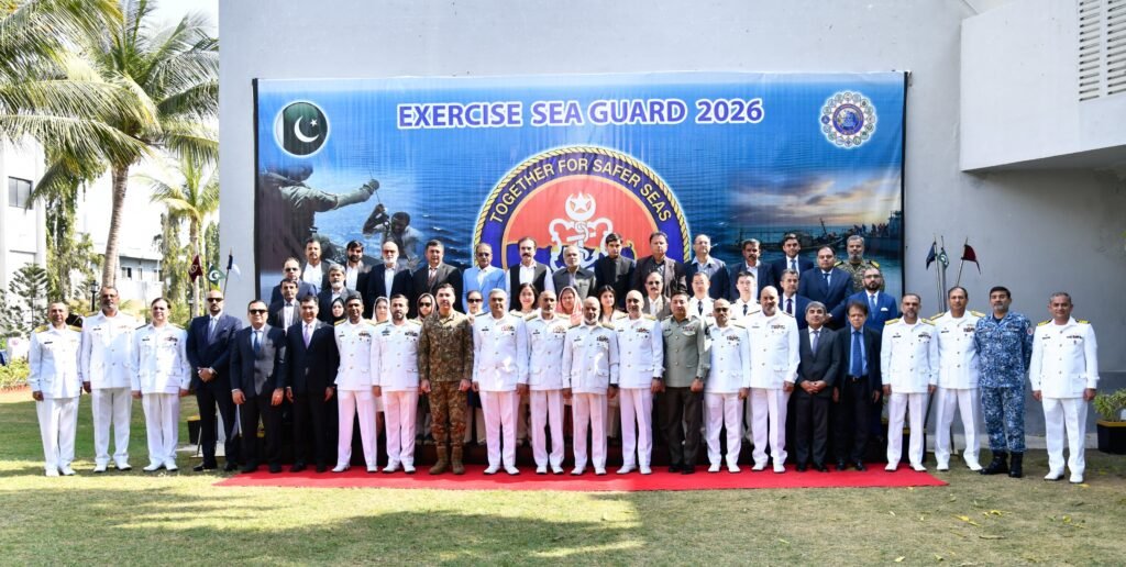 Officials attend the maritime security exercise Sea Guard-26 debrief session in Karachi led by Pakistan Navy representatives.