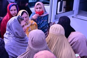 BISP chairperson Rubina Khalid meets IDPs in Bara while reviewing registration and medical facilities.