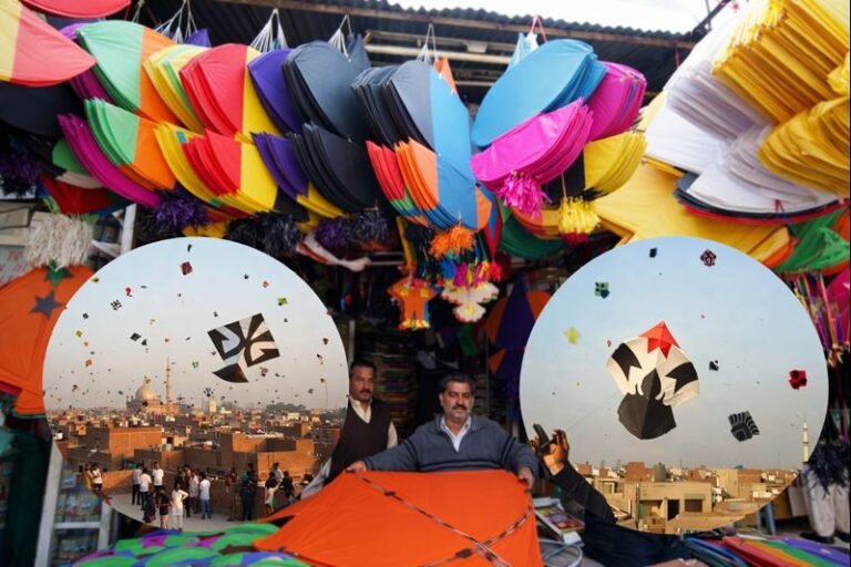 Shoppers buy kites in Lahore as Basant preparations begin under official safety regulations.