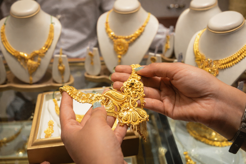 Gold jewelry displayed in a shop reflecting gold rates in Pakistan on February 18, 2026.