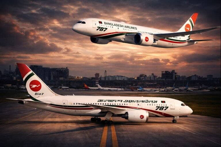 Biman Bangladesh Airlines aircraft operating the Dhaka–Karachi route after Pakistan approves a third weekly flight.