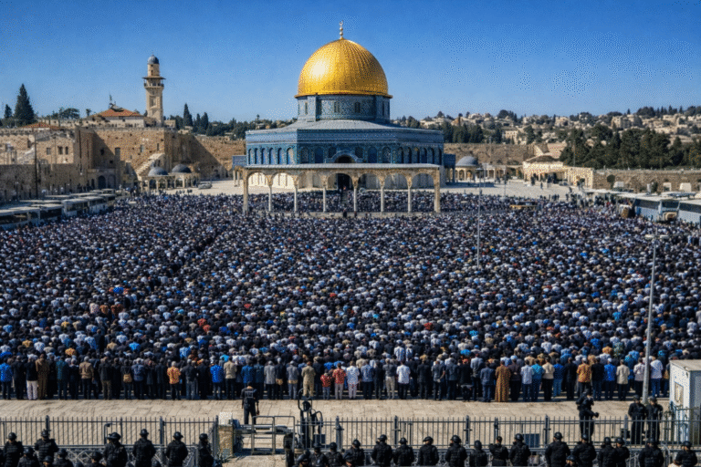Palestinian worshippers wait at Qalandiya checkpoint to attend Friday prayers at Al-Aqsa during Ramadan.