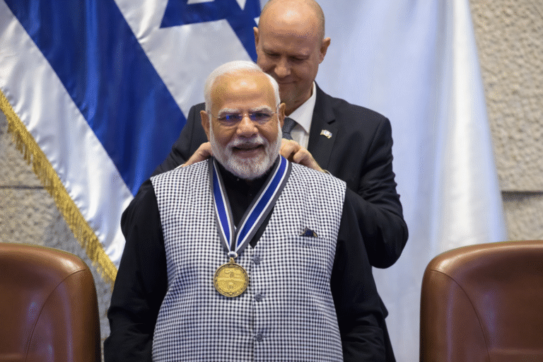 Prime Minister Narendra Modi receives Israel’s highest parliamentary honour at the Knesset in Jerusalem.