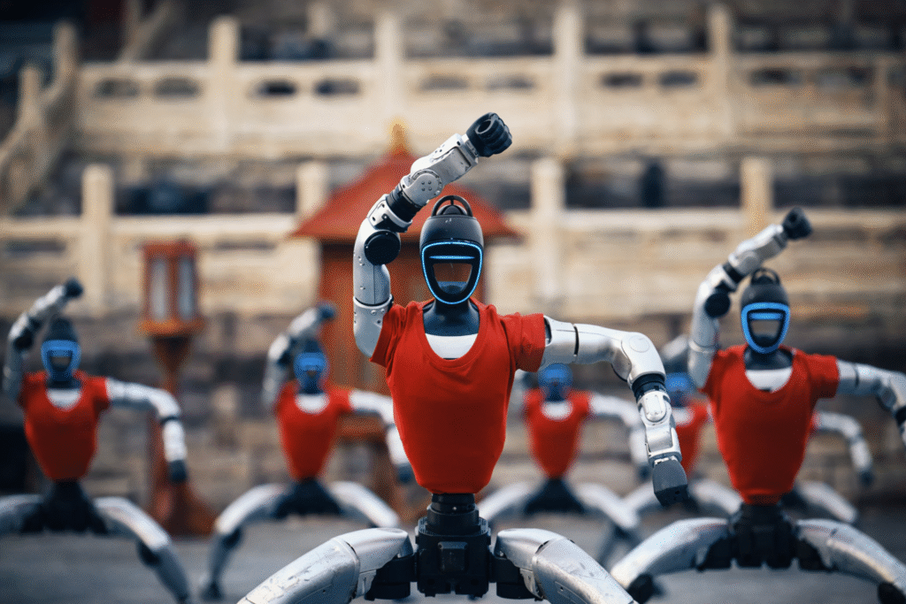 AI humanoid robots perform kung fu moves during German Chancellor Friedrich Merz’s visit to Hangzhou, China.